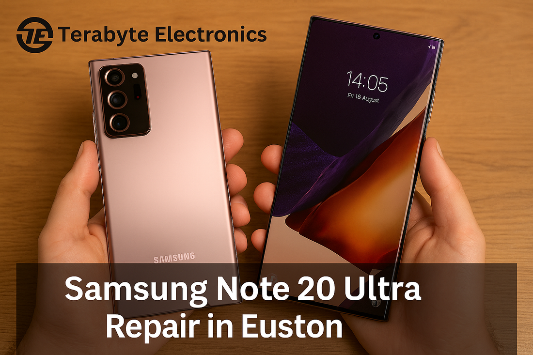 Terabyte Electronics – Samsung Galaxy Note 20 Ultra smartphone in Mystic Bronze, showing both front display and rear triple-camera setup, highlighting repair services in Euston.