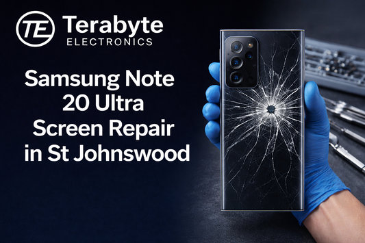 Samsung Note 20 Ultra with cracked screen held by technician for professional screen repair service in St Johnswood by Terabyte Electronics