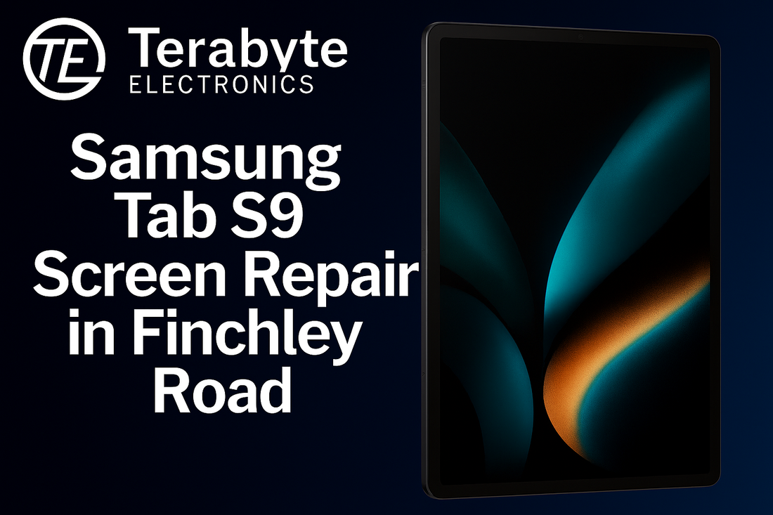Samsung Tab S9 Screen Repair in Finchley Road – Terabyte Electronics tablet repair service featuring Samsung Tab S9 with dark tech background and neon blue highlights.
