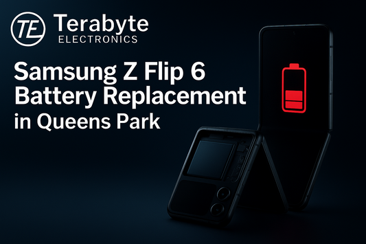 Samsung Z Flip 6 battery replacement in Queens Park – Terabyte Electronics dark-mode promotional image showing low-battery alert and foldable phone components.