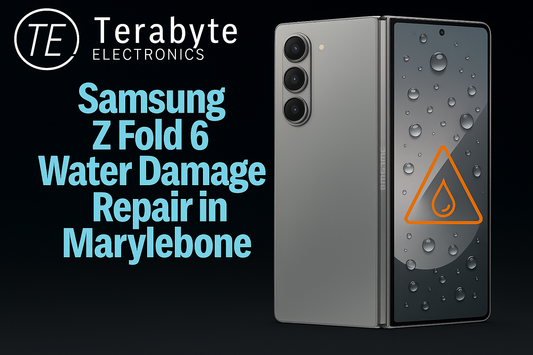 Samsung Z Fold 6 water damage repair in Marylebone – front display with water droplets and warning icon by Terabyte Electronics