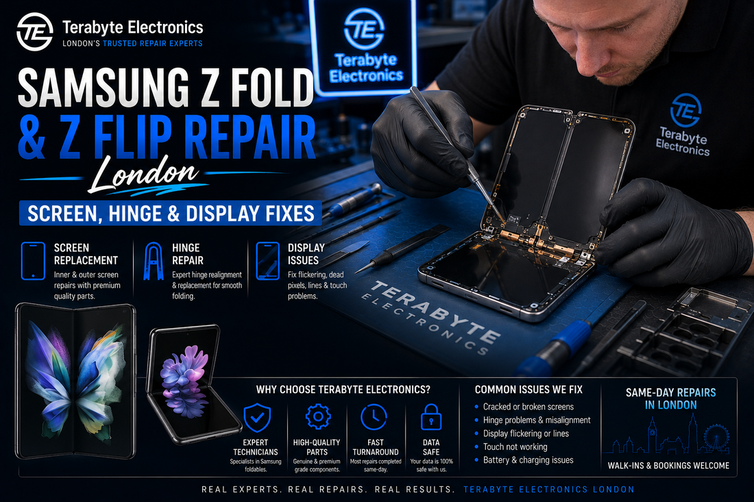A technical repair specialist carefully inspecting the hinge alignment of a Samsung Galaxy Z Fold inner display module on an electronics workbench, highlighting expert phone repair in London.