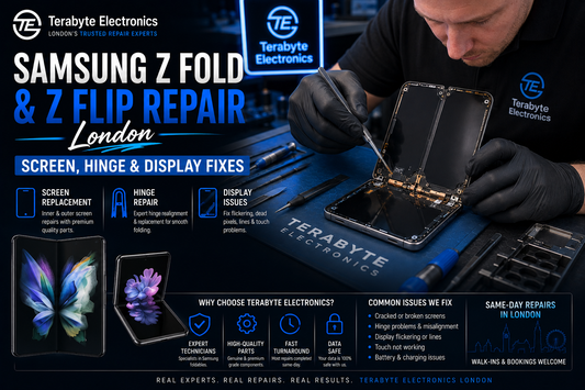 A technical repair specialist carefully inspecting the hinge alignment of a Samsung Galaxy Z Fold inner display module on an electronics workbench, highlighting expert phone repair in London.