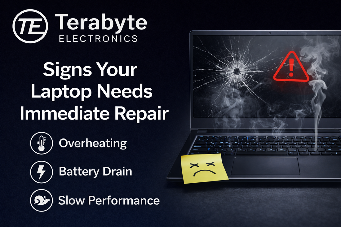 Laptop showing cracked screen, overheating warning and performance issues highlighting signs your laptop needs immediate repair by Terabyte Electronics