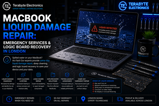 MacBook liquid damage repair service banner by Terabyte Electronics London, showing an emergency laptop motherboard liquid recovery diagnostic overview and key service features.