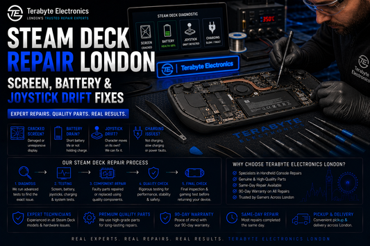 An electronics specialist using precise micro-tools and magnification loops to upgrade the analog modules of an open Steam Deck console to magnetic Hall Effect joysticks.