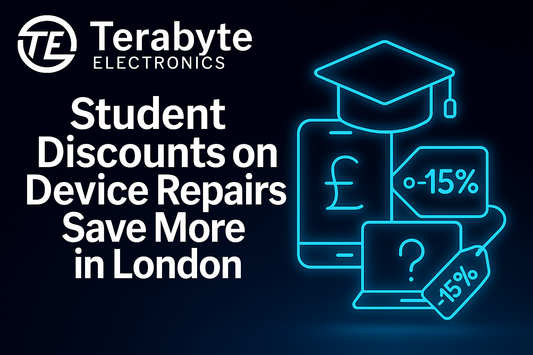 Blue glowing icons of graduation cap, laptop, and price tags symbolizing student repair savings – Terabyte Electronics blog image for Student Discounts on Device Repairs – Save More in London