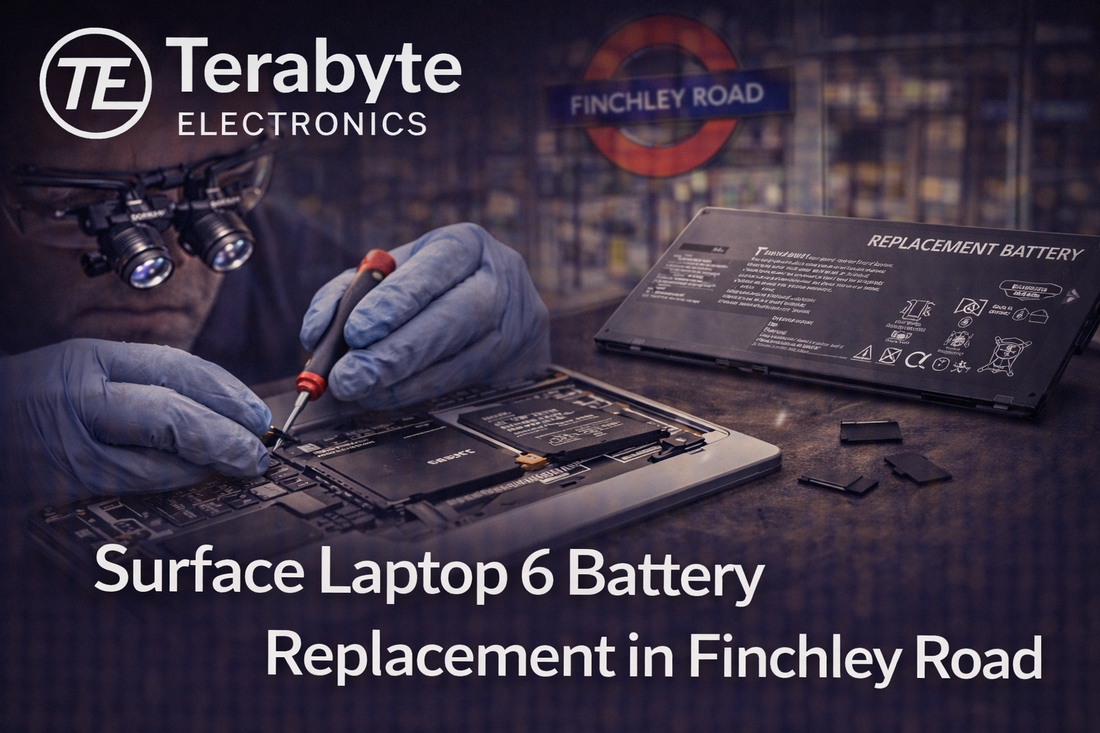 Surface Laptop 6 battery replacement service in Finchley Road by Terabyte Electronics with technician repairing laptop