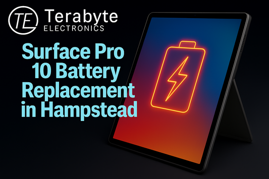 Surface Pro 10 battery replacement in Hampstead – Terabyte Electronics repair image showing tablet with battery warning icon.
