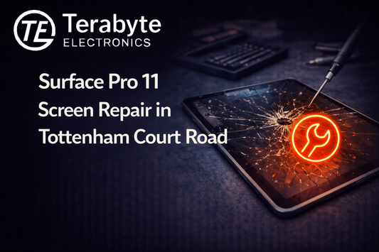Surface Pro 11 screen repair in Tottenham Court Road by Terabyte Electronics, showing cracked tablet display being professionally repaired by a technician