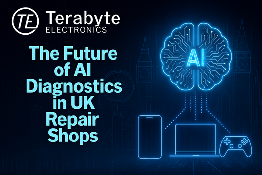 AI diagnostics technology connected to phone, laptop, and gaming controller – Terabyte Electronics UK repair innovation graphic.
