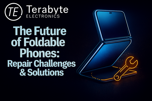 Foldable phone repair challenges and solutions – Terabyte Electronics blog graphic showing futuristic foldable device with neon wrench icon.