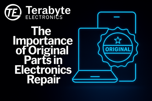 Laptop and smartphone icons with a glowing blue 'Original Parts' badge symbolizing authenticity – Terabyte Electronics blog image for 'The Importance of Original Parts in Electronics Repair'.