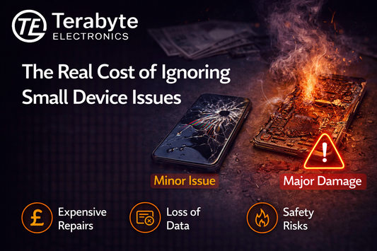 Comparison showing minor phone damage versus major device failure, highlighting the real cost of ignoring small device issues with expensive repairs, data loss, and safety risks – Terabyte Electronics.