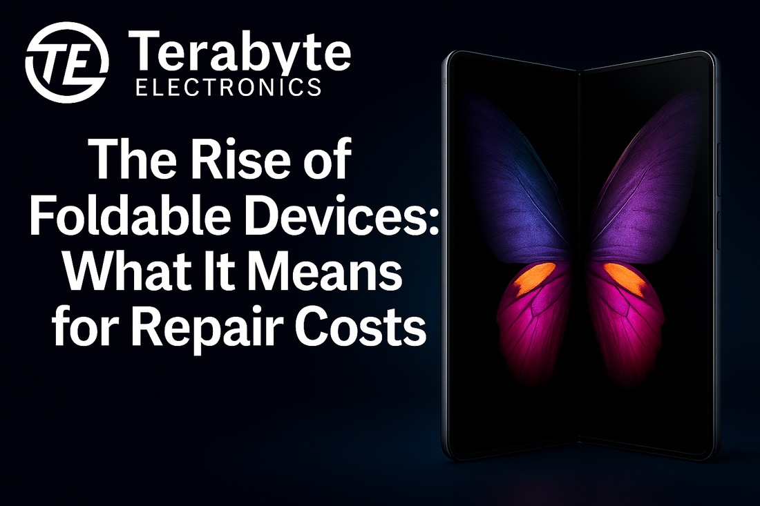 Foldable smartphone with butterfly display – Terabyte Electronics blog image for 'The Rise of Foldable Devices: What It Means for Repair Costs'.
