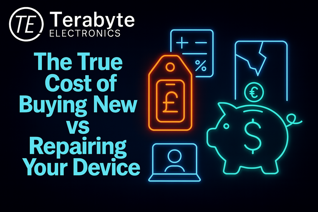 The True Cost of Buying New vs Repairing Your Device – neon icons of repair costs, cracked phone, piggy bank savings, and laptop by Terabyte Electronics in London.