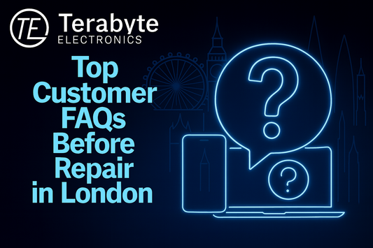 Top Customer FAQs Before Repair in London – Terabyte Electronics neon-style design featuring question mark icon, smartphone and laptop outlines, set against a London skyline background.