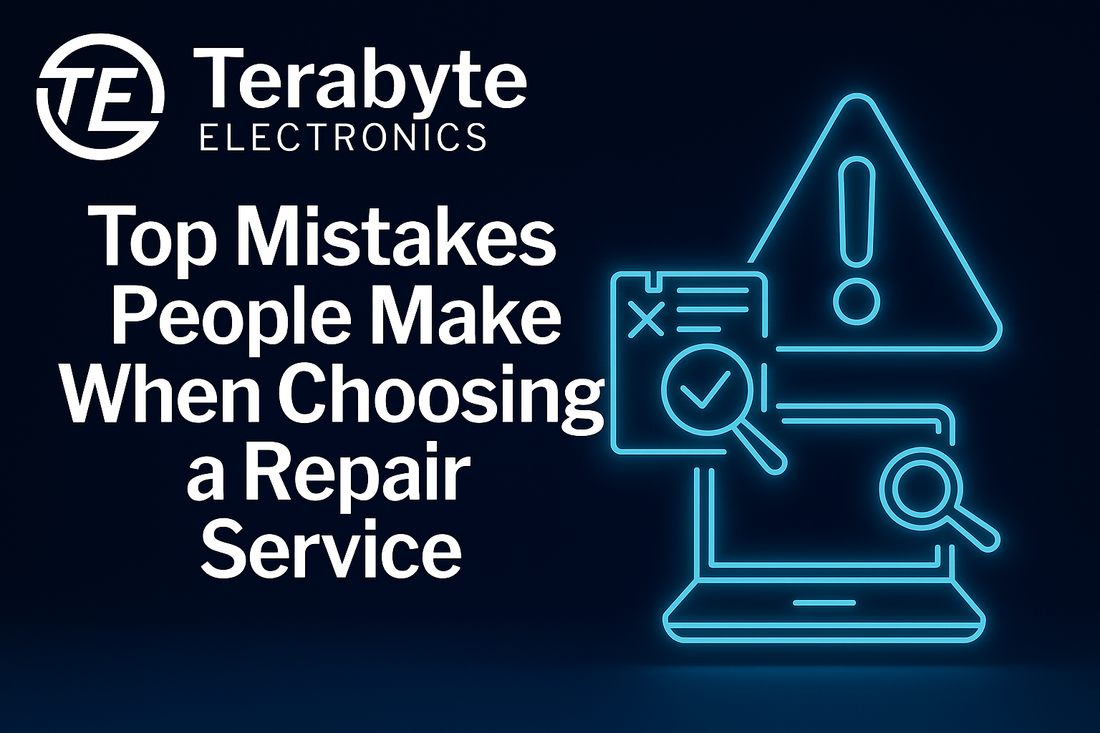 Common mistakes when choosing a repair service – Terabyte Electronics blog image featuring neon icons of warning sign, checklist, and magnifying glass over a laptop.