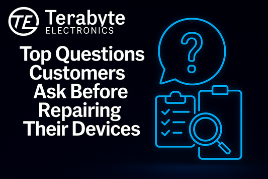 Customer support concept with question mark and checklist icons glowing blue – Terabyte Electronics blog image for 'Top Questions Customers Ask Before Repairing Their Devices'
