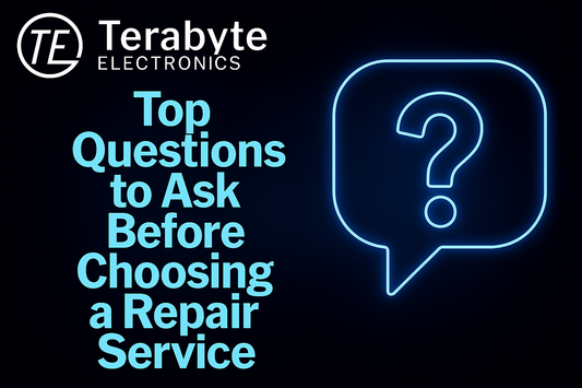Top questions to ask before choosing a repair service – Terabyte Electronics blog graphic with neon question icon.