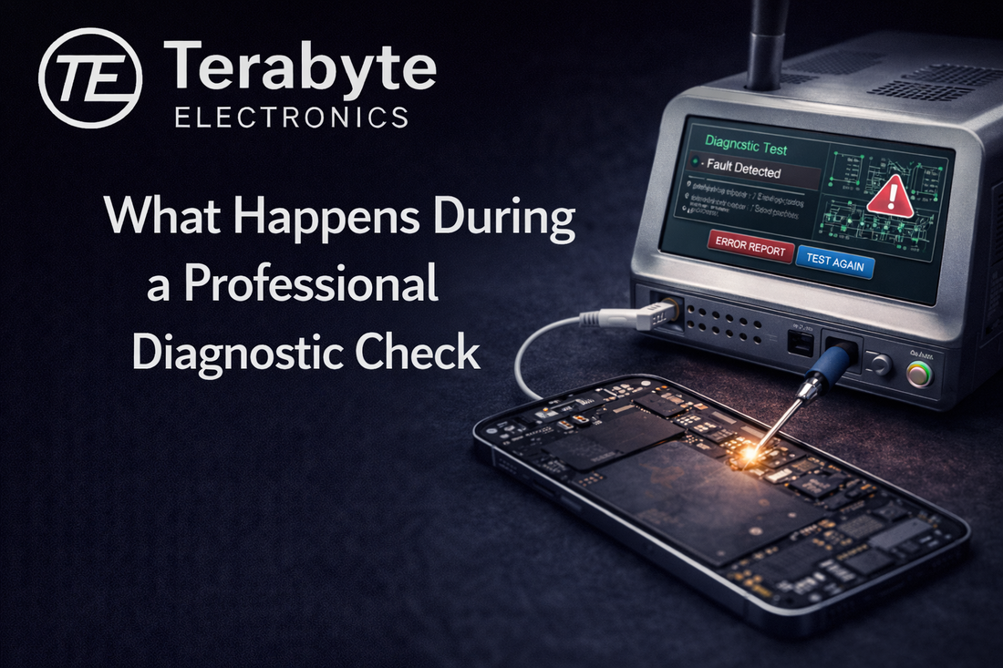Professional smartphone diagnostic check showing electronic testing equipment analysing internal phone components at Terabyte Electronics repair centre