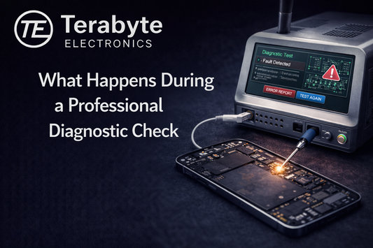 Professional smartphone diagnostic check showing electronic testing equipment analysing internal phone components at Terabyte Electronics repair centre