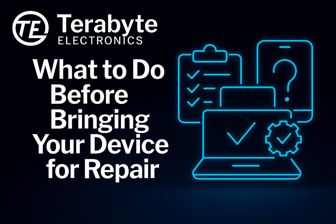 Checklist and device preparation concept with glowing blue icons – Terabyte Electronics blog image for 'What to Do Before Bringing Your Device for Repair'.