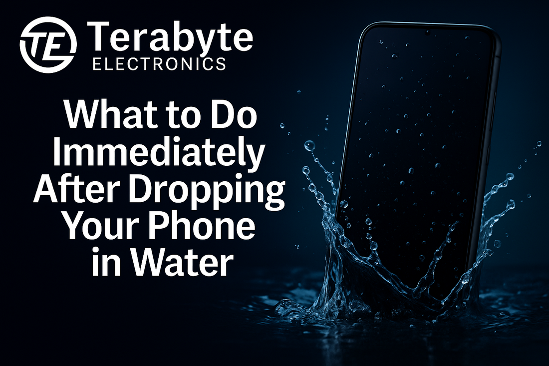 What to Do Immediately After Dropping Your Phone in Water – Terabyte Electronics blog image showing a smartphone splashing into water, illustrating phone water damage and repair awareness.