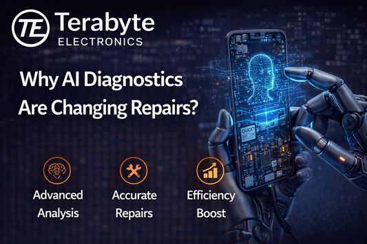 AI-powered diagnostics analysing smartphone circuitry, showing how artificial intelligence improves electronics repair accuracy and speed at Terabyte Electronics.