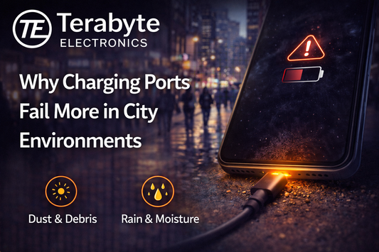 Smartphone charging port failure in city environments caused by dust, debris, rain and moisture, illustrated by low battery warning in an urban setting