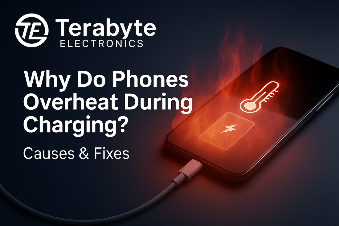 Smartphone overheating while charging with flames and temperature warning icon – Terabyte Electronics blog image titled ‘Why Do Phones Overheat During Charging? Causes & Fixes’ in landscape format.