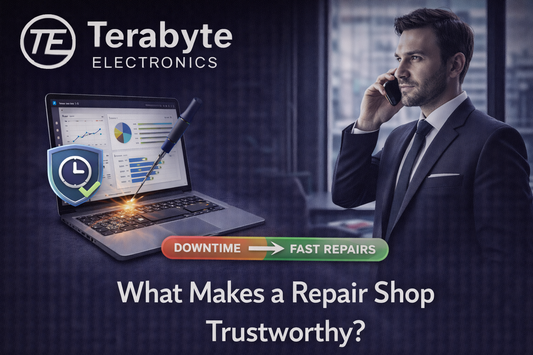 What makes a repair shop trustworthy, showing fast laptop repairs reducing downtime for business professionals by Terabyte Electronics