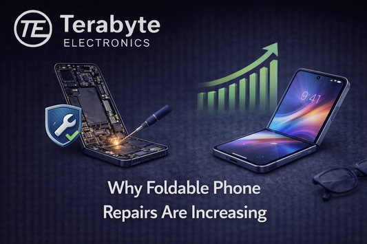 Why foldable phone repairs are increasing, showing foldable smartphone repair process and rising demand for hinge and screen repairs at Terabyte Electronics