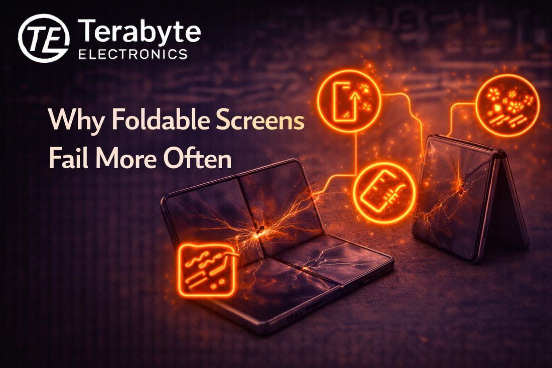 Why foldable phone screens fail more often due to hinge stress, dust damage, and repeated screen flexing – Terabyte Electronics repair insight