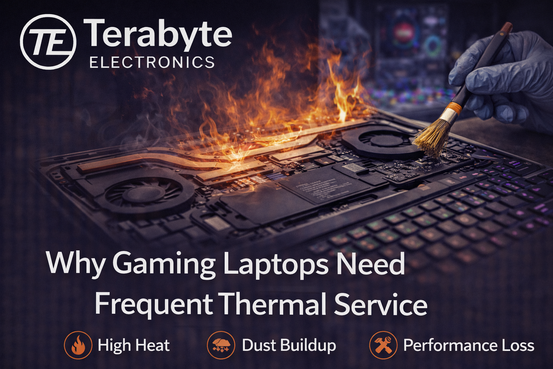 Gaming laptop thermal service showing overheating components, dust buildup, and cooling system maintenance
