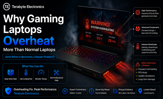 Gaming laptop overheating repair in London showing FPS drops, high CPU and GPU temperatures, thermal throttling, and cooling solutions by Terabyte Electronics
