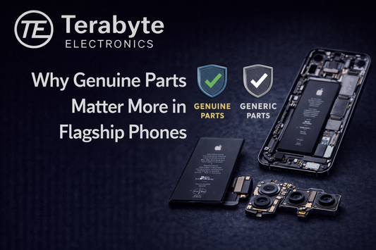 Genuine vs generic smartphone parts comparison showing internal flagship phone components and original replacement parts by Terabyte Electronics