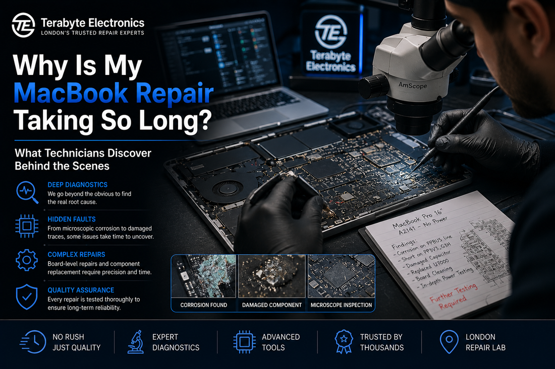 Professional technician inspecting a MacBook logic board under a workshop microscope in a London electronics repair lab