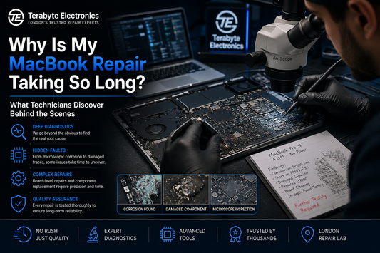 Professional technician inspecting a MacBook logic board under a workshop microscope in a London electronics repair lab