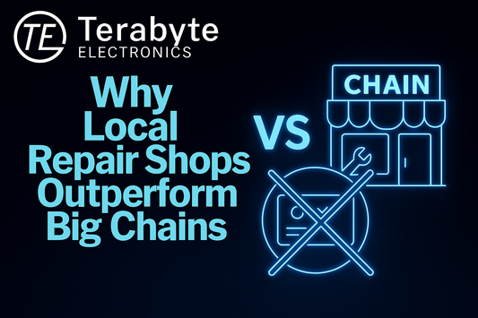 Why local repair shops outperform big chains – neon-style comparison featuring chain store icon vs crossed-out generic service badge, Terabyte Electronics branding.