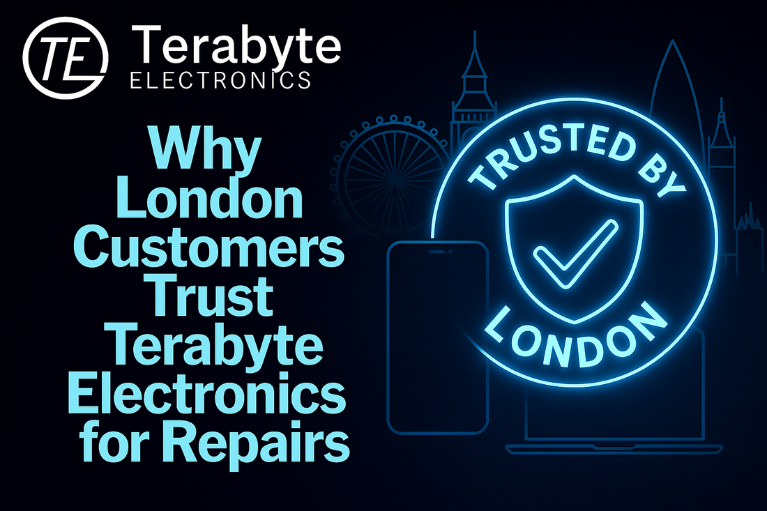 Why London customers trust Terabyte Electronics for repairs – neon London skyline with trusted-by-London badge and device icons.