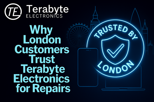 Why London customers trust Terabyte Electronics for repairs – neon London skyline with trusted-by-London badge and device icons.