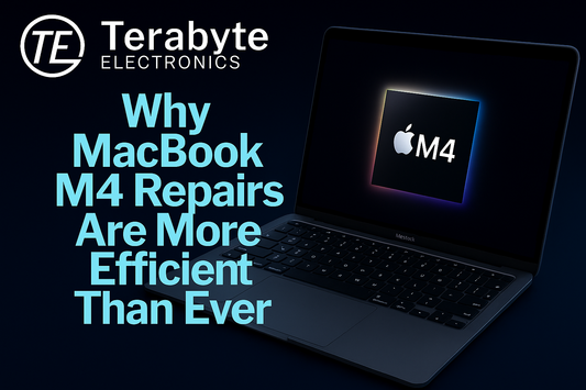 Why MacBook M4 repairs are more efficient than ever – Terabyte Electronics blog image featuring an M4 chip graphic on a MacBook.