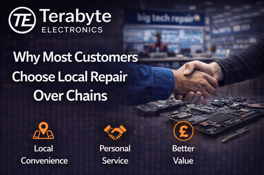 Local electronics repair service showing customer handshake at Terabyte Electronics, highlighting trusted local device repair over big chain stores