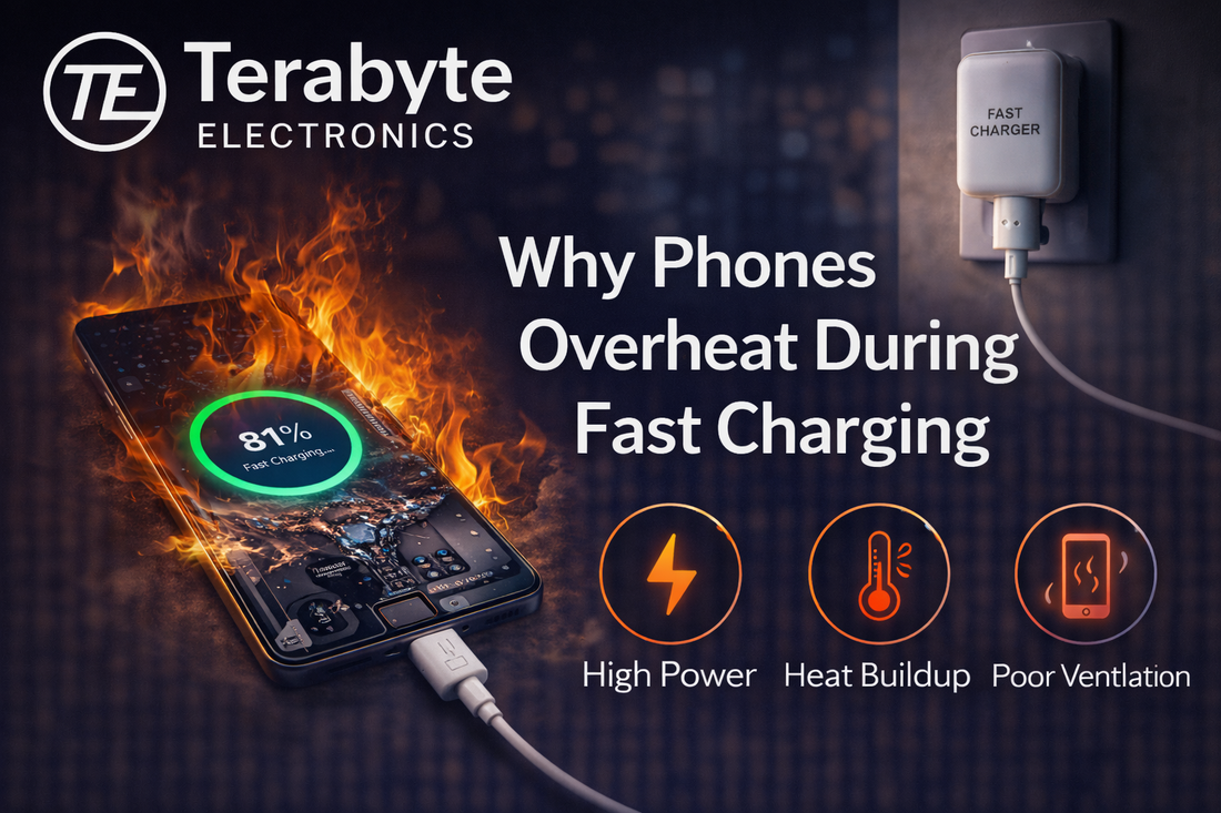 Smartphone overheating during fast charging with visible heat and charging indicator, explaining why phones overheat due to high power, heat buildup and poor ventilation.