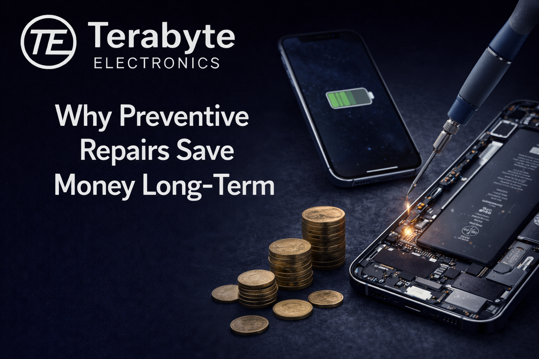 Preventive smartphone repair showing internal phone components being serviced, battery health icon and cost savings at Terabyte Electronics