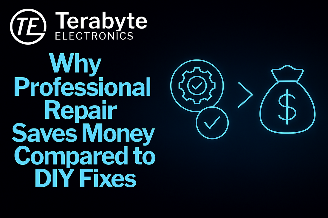 Terabyte Electronics blog image showing gear and money bag icons — illustrating why professional electronic repair saves money compared to DIY fixes.