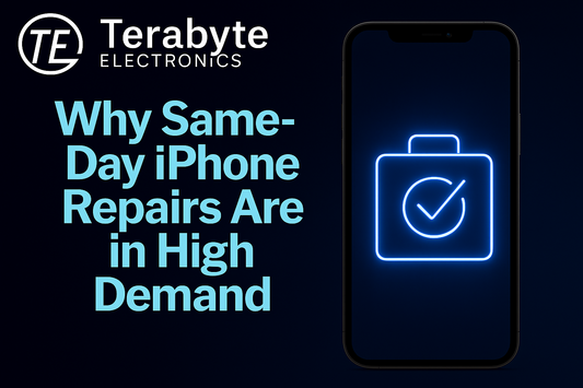 Why Same-Day iPhone Repairs Are in High Demand – Terabyte Electronics blog image featuring neon blue checkmark briefcase icon on iPhone screen against dark tech background.