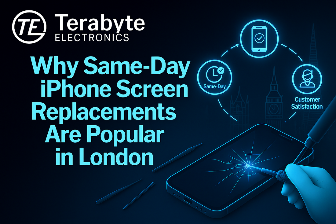Technician performing same-day iPhone screen replacement in London with glowing repair tools and London skyline background – Terabyte Electronics blog image