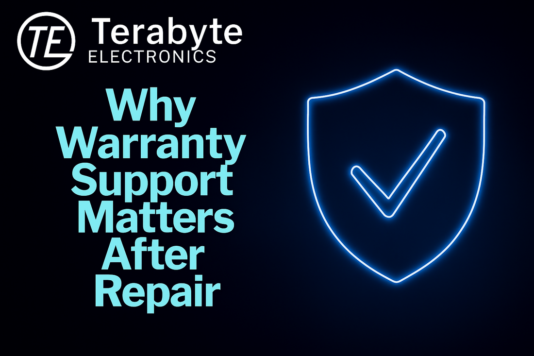 Why warranty support matters after repair – Terabyte Electronics blog image showing a glowing shield checkmark icon for trusted device repair services.